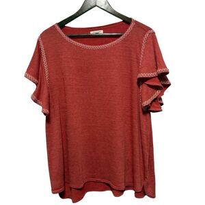 Max Studio Blouse Womens 1X Orange Textured Flutter Sleeve Lightweight Top